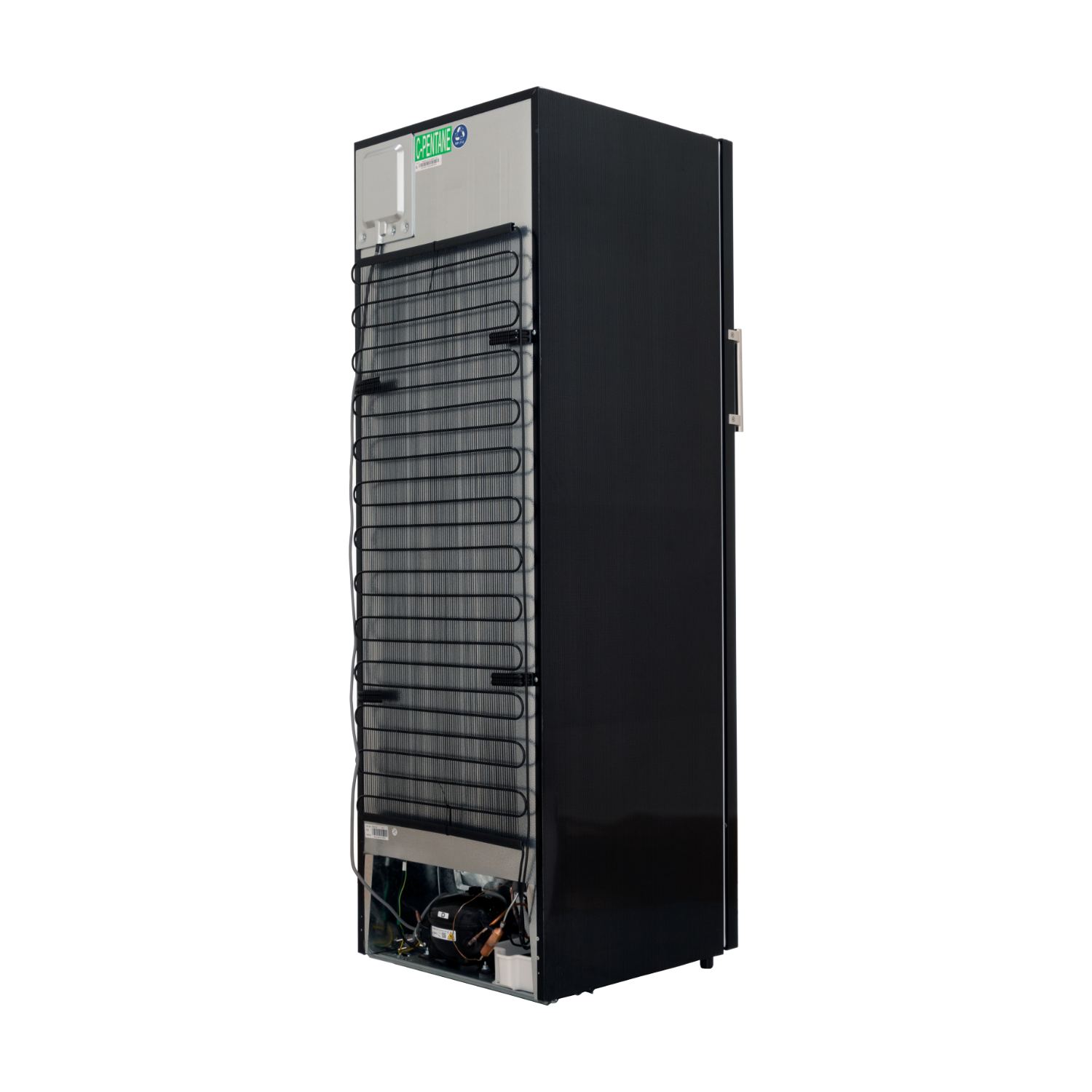 Black commercial refrigerator, back view, isolated on black.