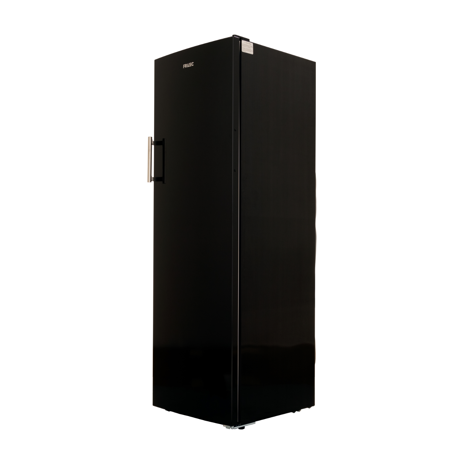 Black, upright fridge with a gold handle.