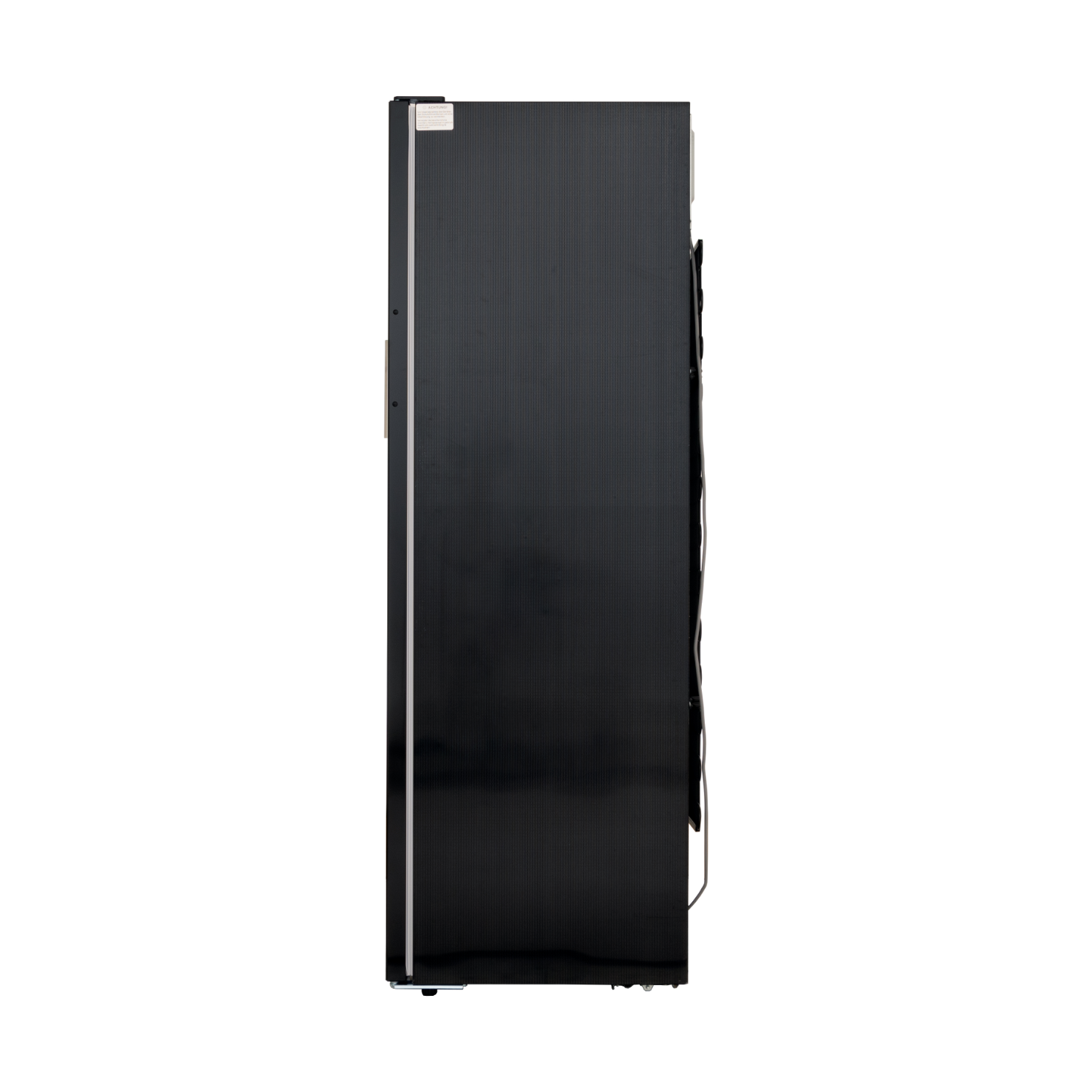 Side view of a black refrigerator. The surface has a textured, dot pattern.