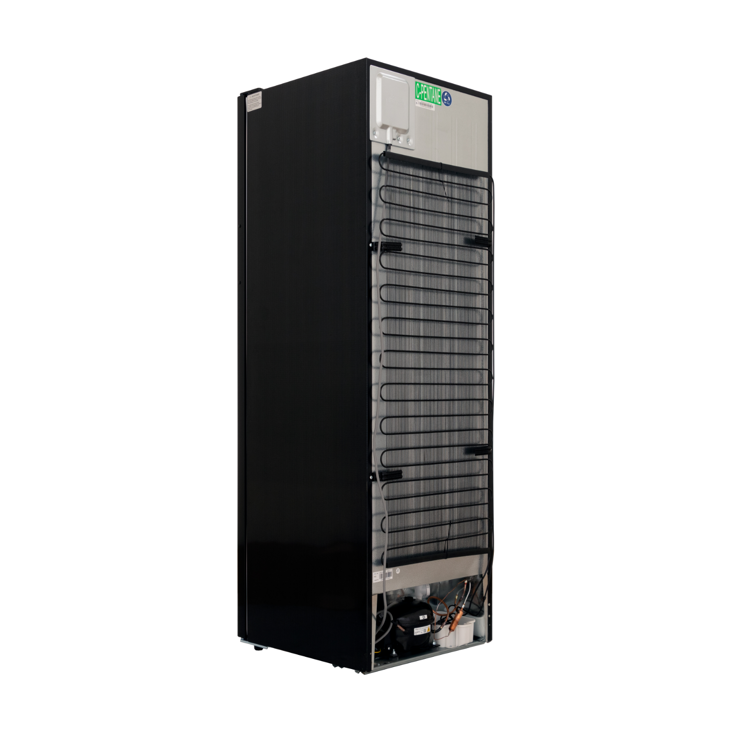 The back of a fridge with cooling coils visible.