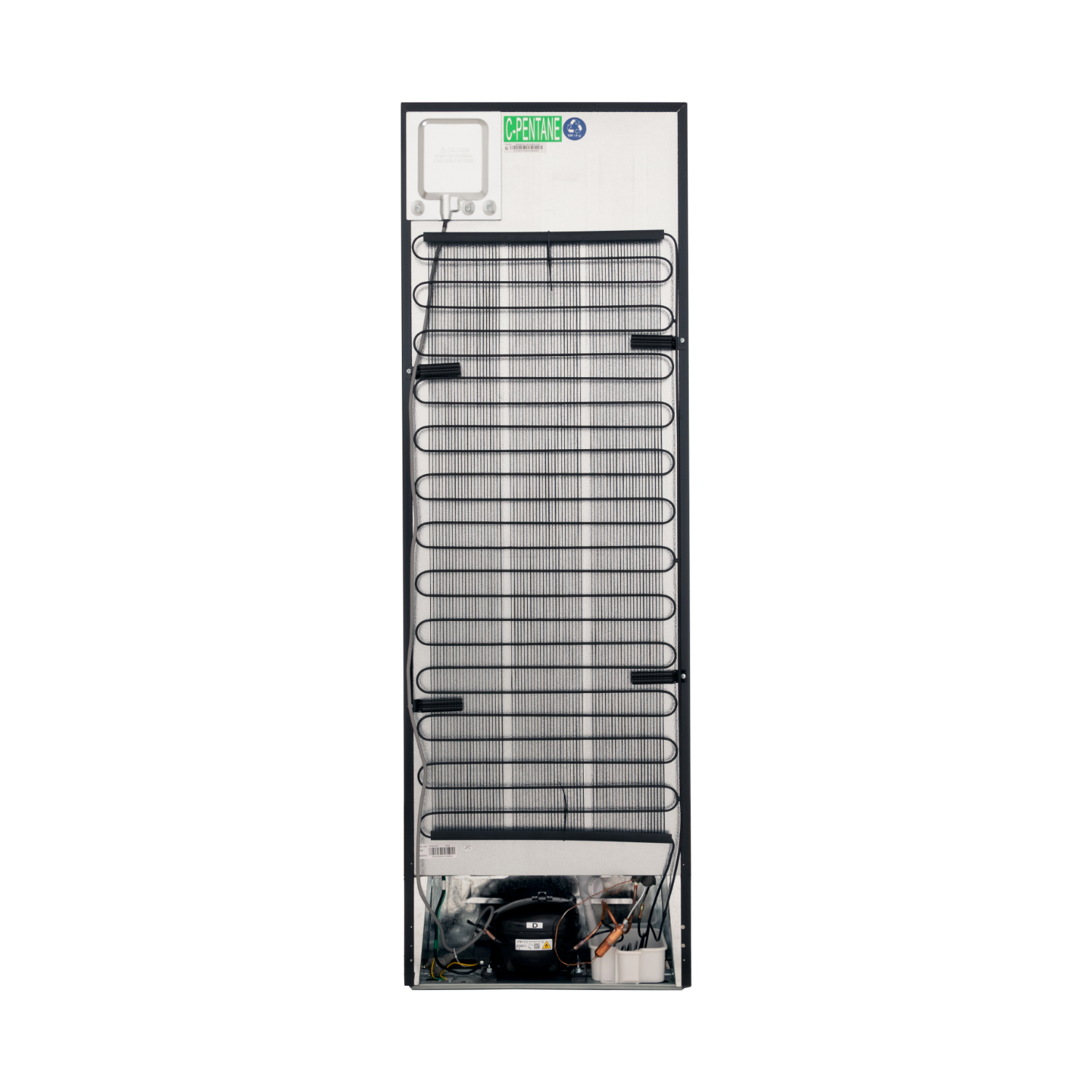 The back of a refrigerator, showing the cooling coils and compressor.