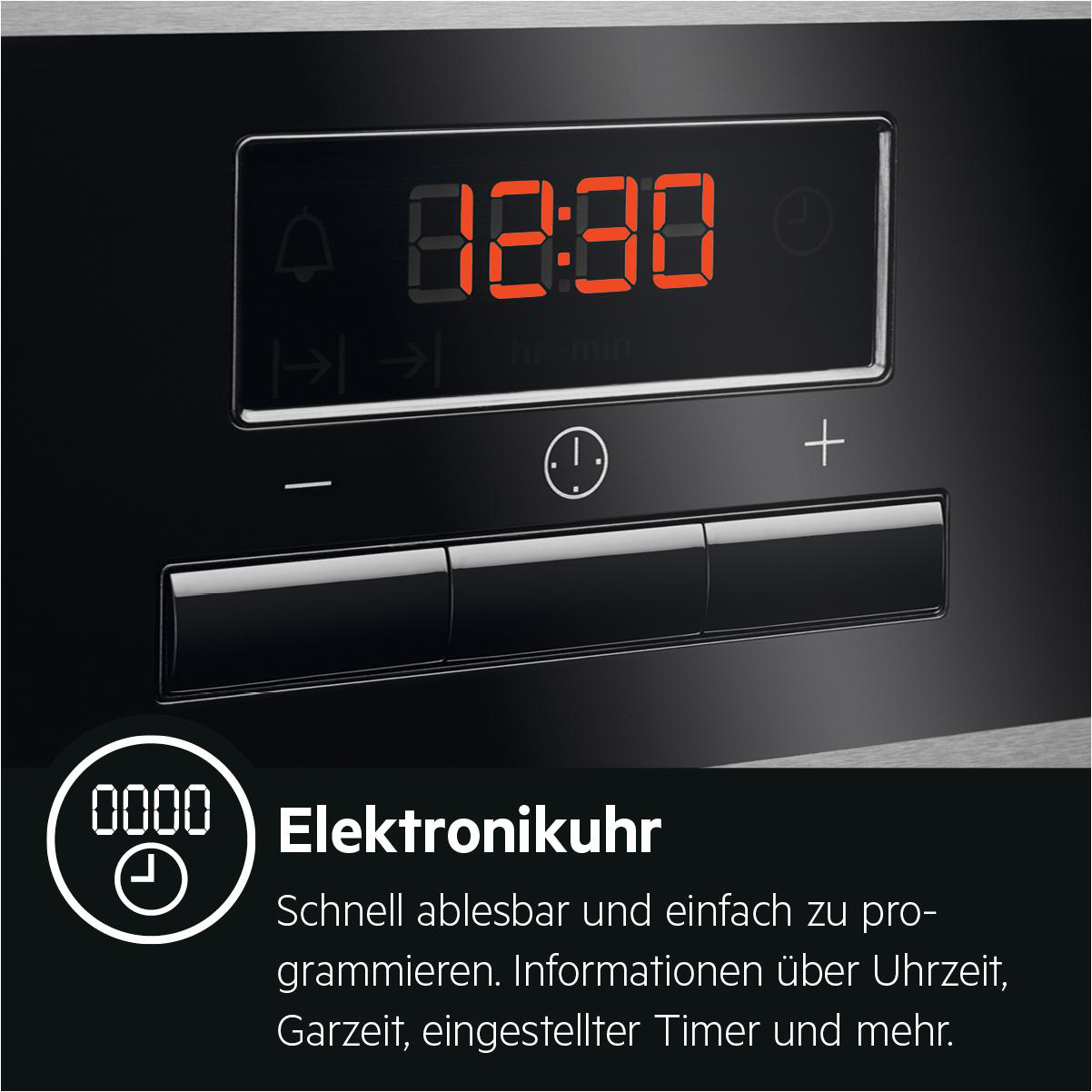 Ofenanzeige mit Digitaluhr und Knöpfen. Text: Elektronikuhr.