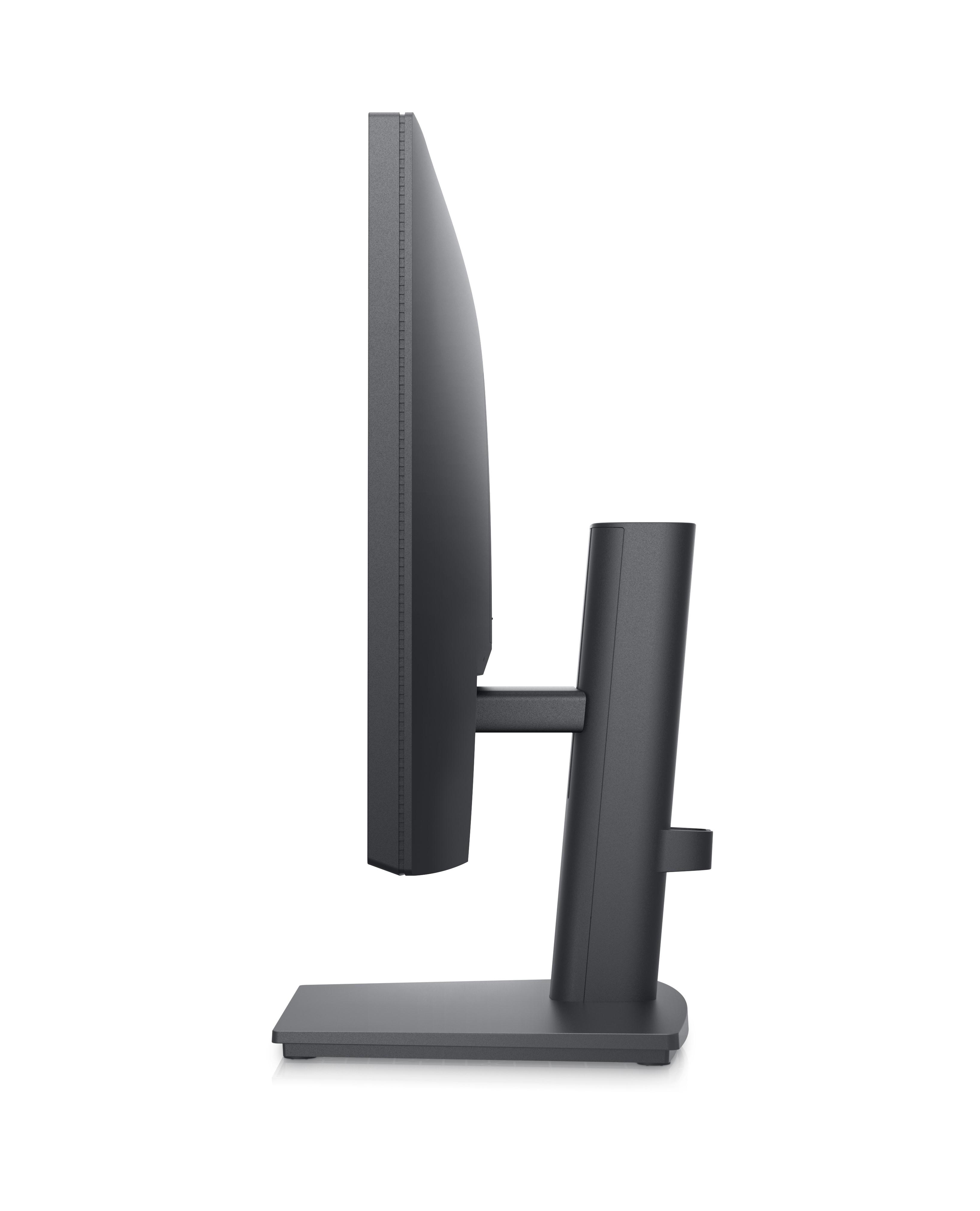 Seitenansicht eines schwarzen Computermonitors. Der Monitor wird von einem Ständer auf weißem Hintergrund gehalten.