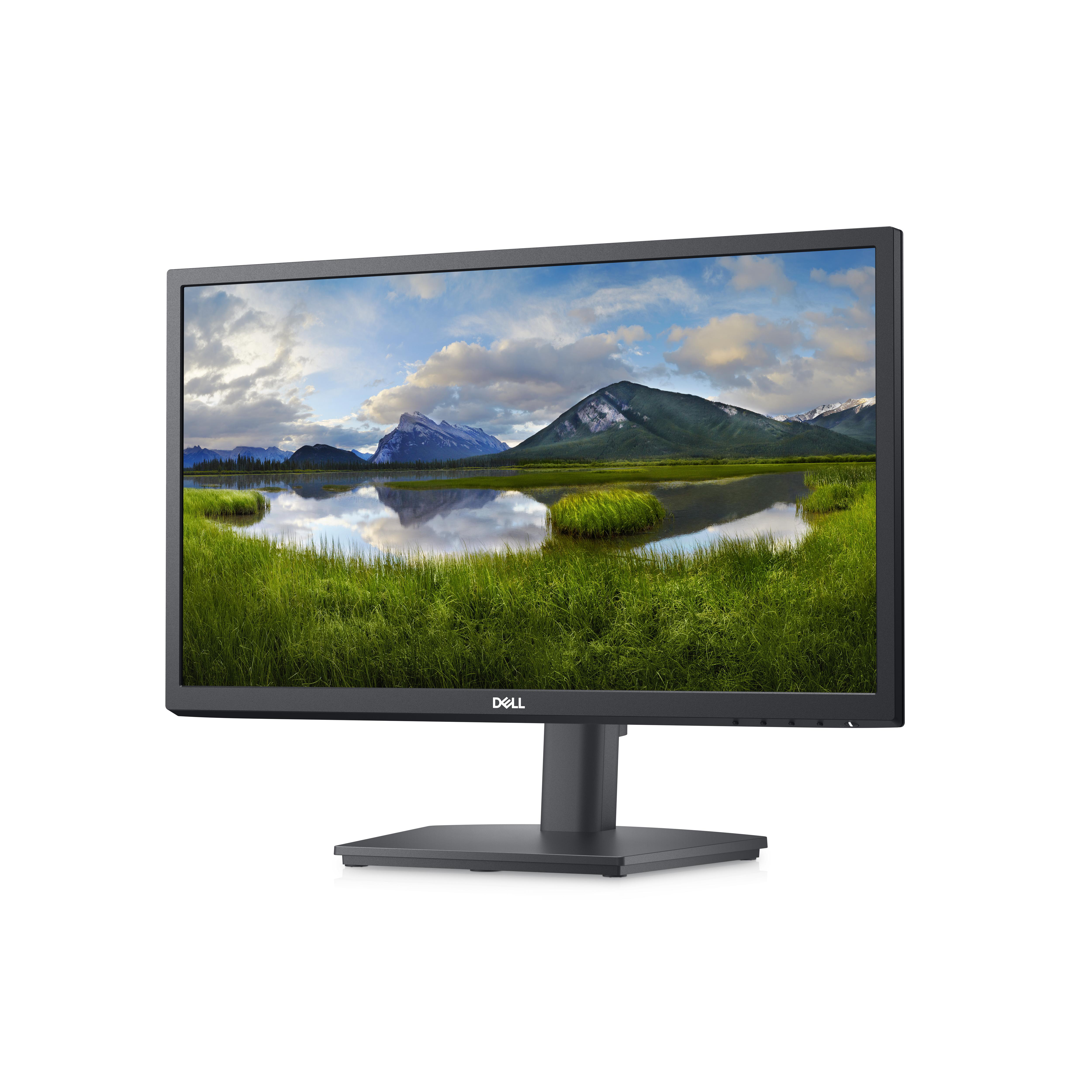 Dell-Monitor zeigt eine Landschaft. Der Bildschirm zeigt Berge, einen See und grünes Gras.
