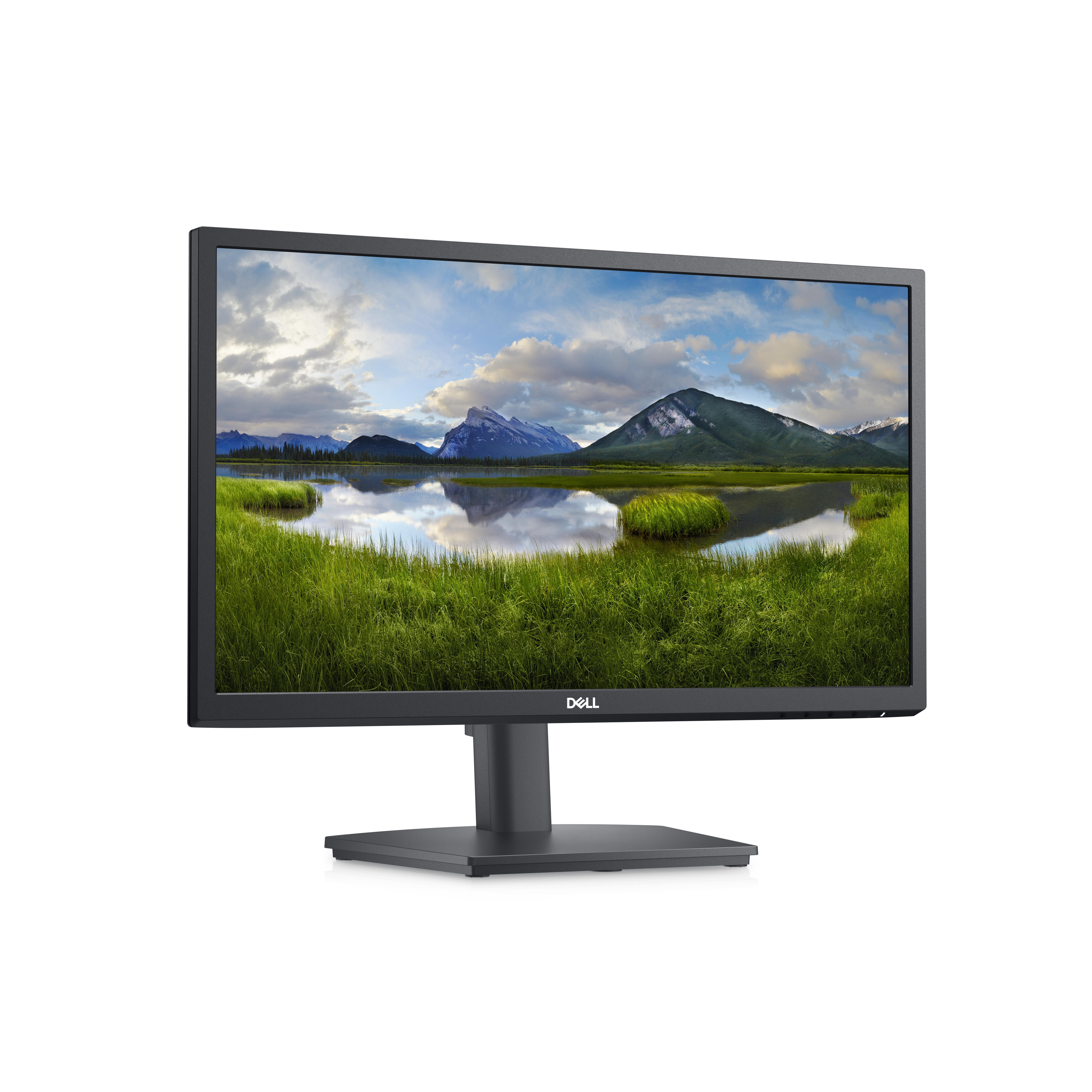 Die Rückseite eines schwarzen Monitors auf einem silbernen Ständer. Das Dell-Logo ist sichtbar.