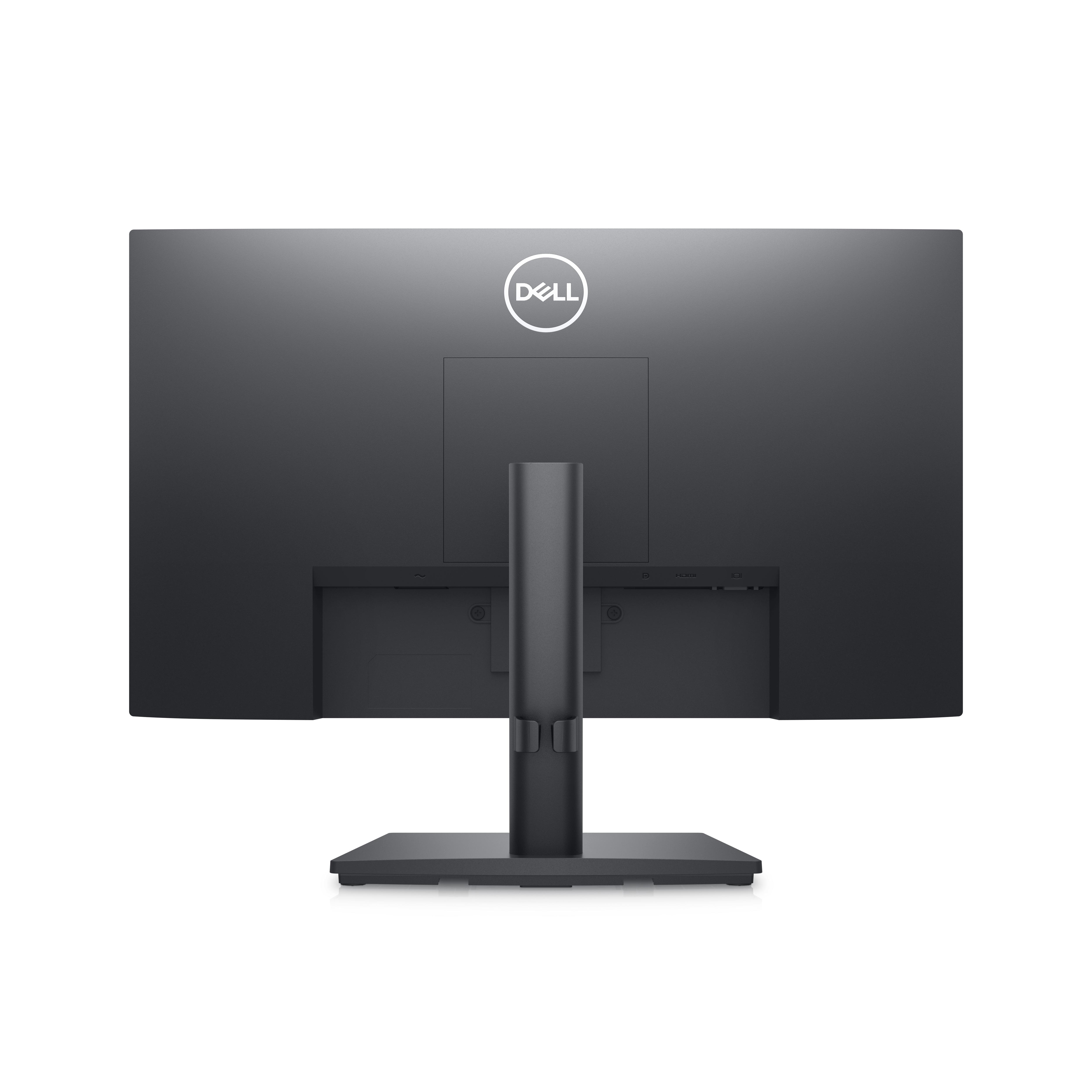 Die Rückseite eines schwarzen Computermonitors mit Ständer, mit Anschlüssen und dem Dell-Logo.
