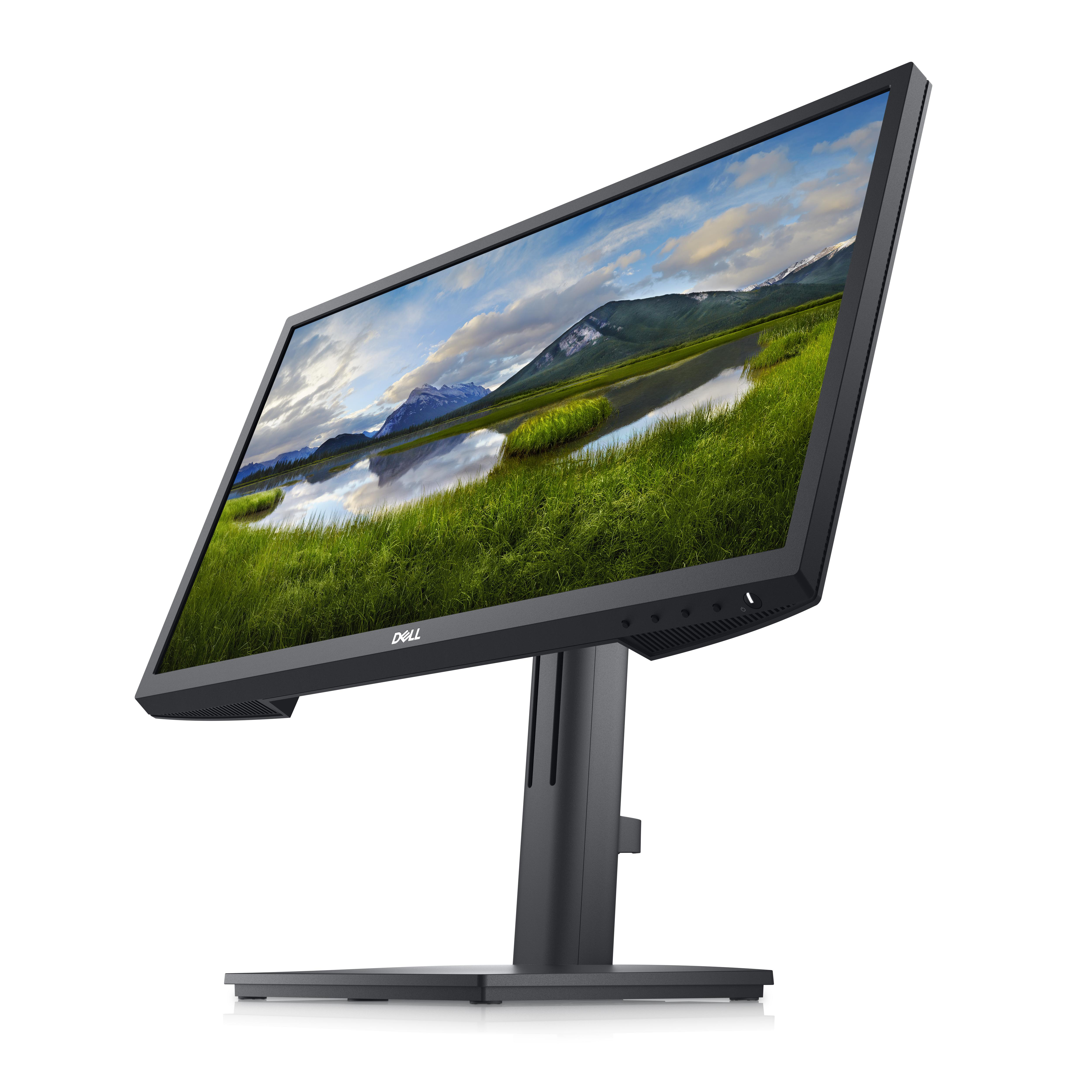 Dell-Monitor, schräge Ansicht. Der Bildschirm zeigt eine grüne Landschaft mit Fluss und Bergen.