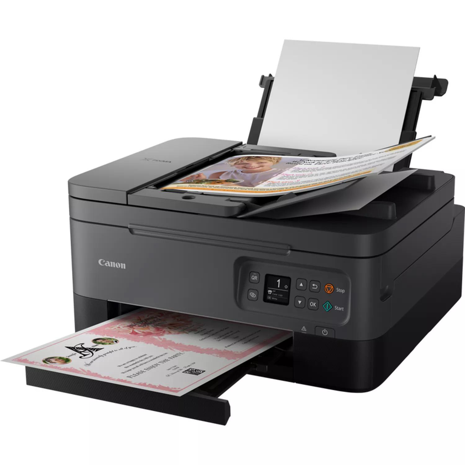 Ein Canon-Drucker druckt Dokumente. Der Drucker ist schwarz und grau, mit einem Fach für gedruckte Papiere.