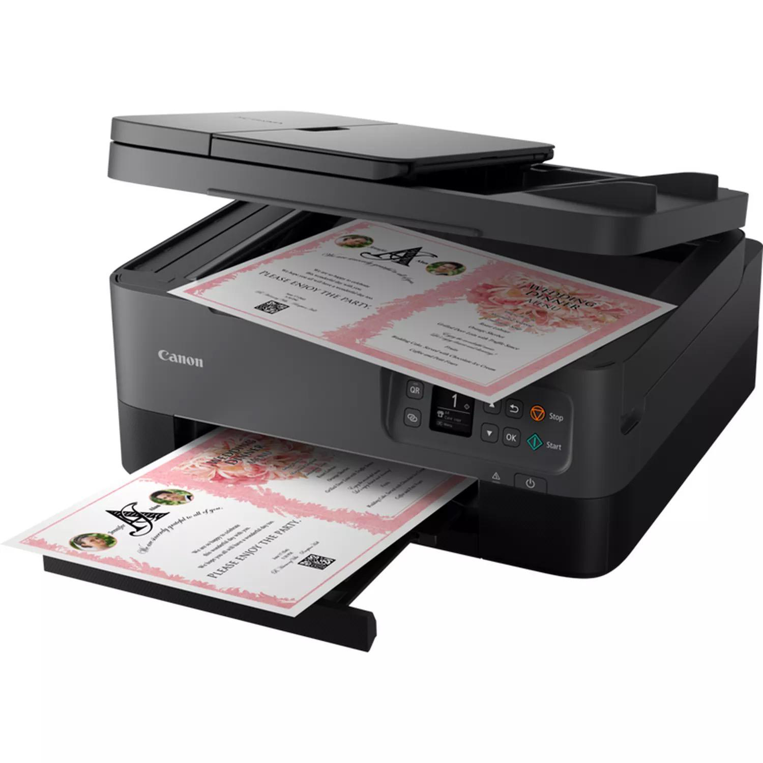 Canon-Drucker druckt Einladungen. Schwarzes und graues Design.