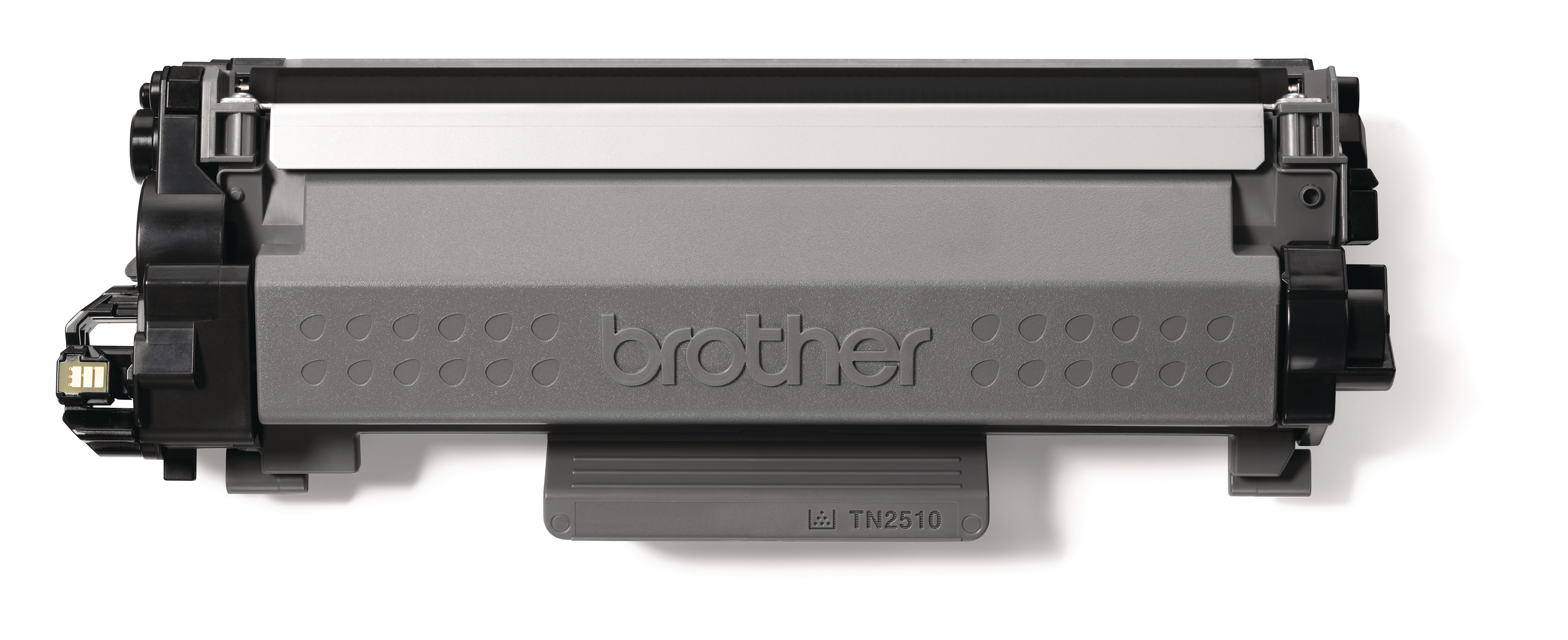 Brother-Tonerkartusche, grau und schwarz, Draufsicht, auf Weiß.
