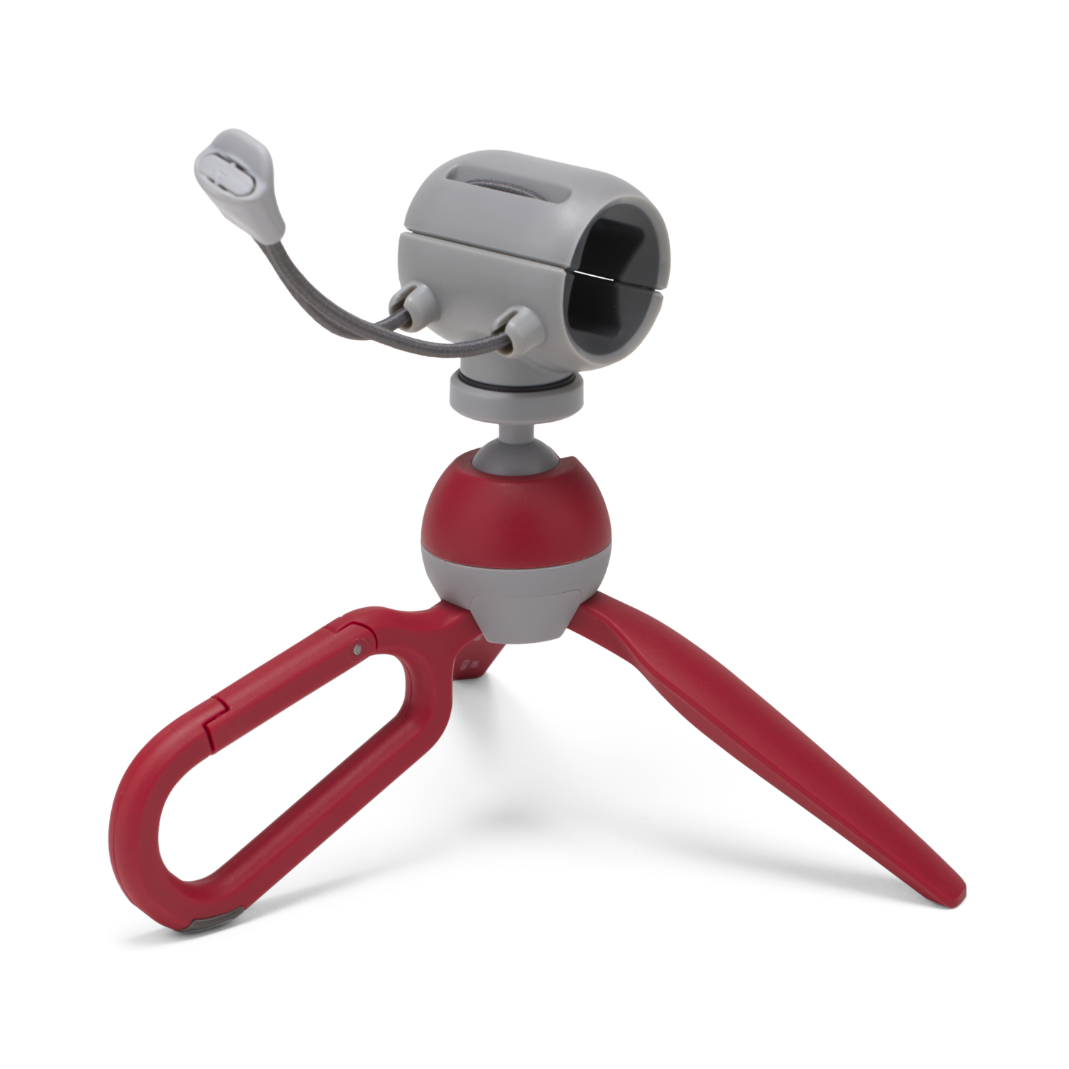 Een grijze en rode microfoon op een klein statief. Een zwarte kabel verbindt met de microfoon.