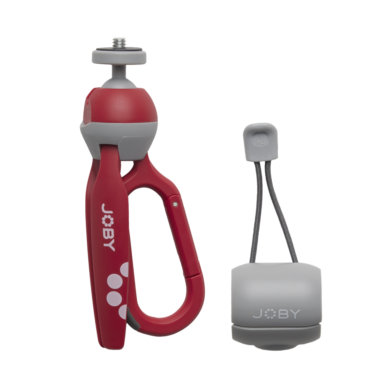 Rood en grijs JOBY mini-statief met een grijs JOBY-accessoire op zwarte achtergrond.