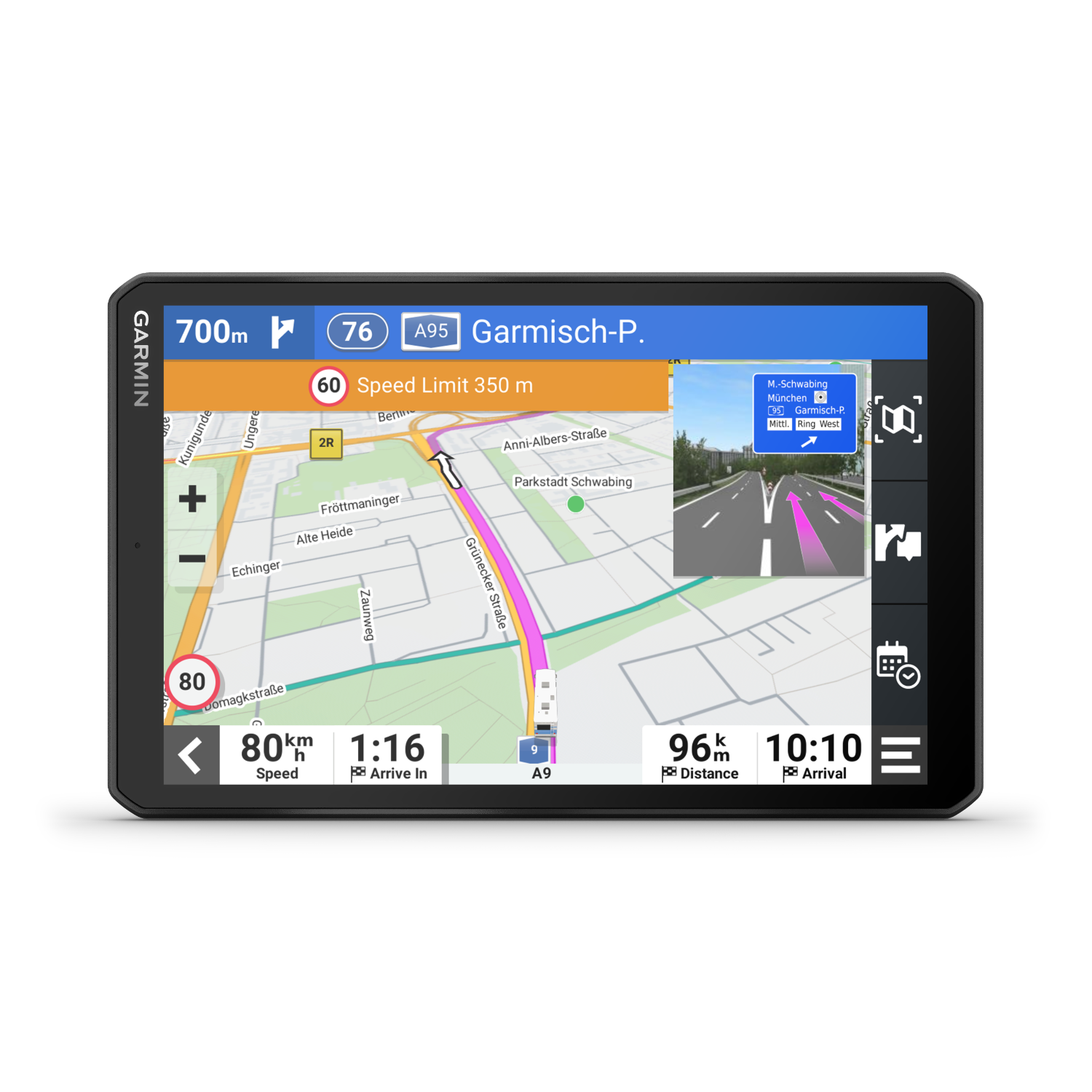 Garmin GPS-apparaat met een navigatiekaart. Diverse gegevensweergave. Zwarte achtergrond.