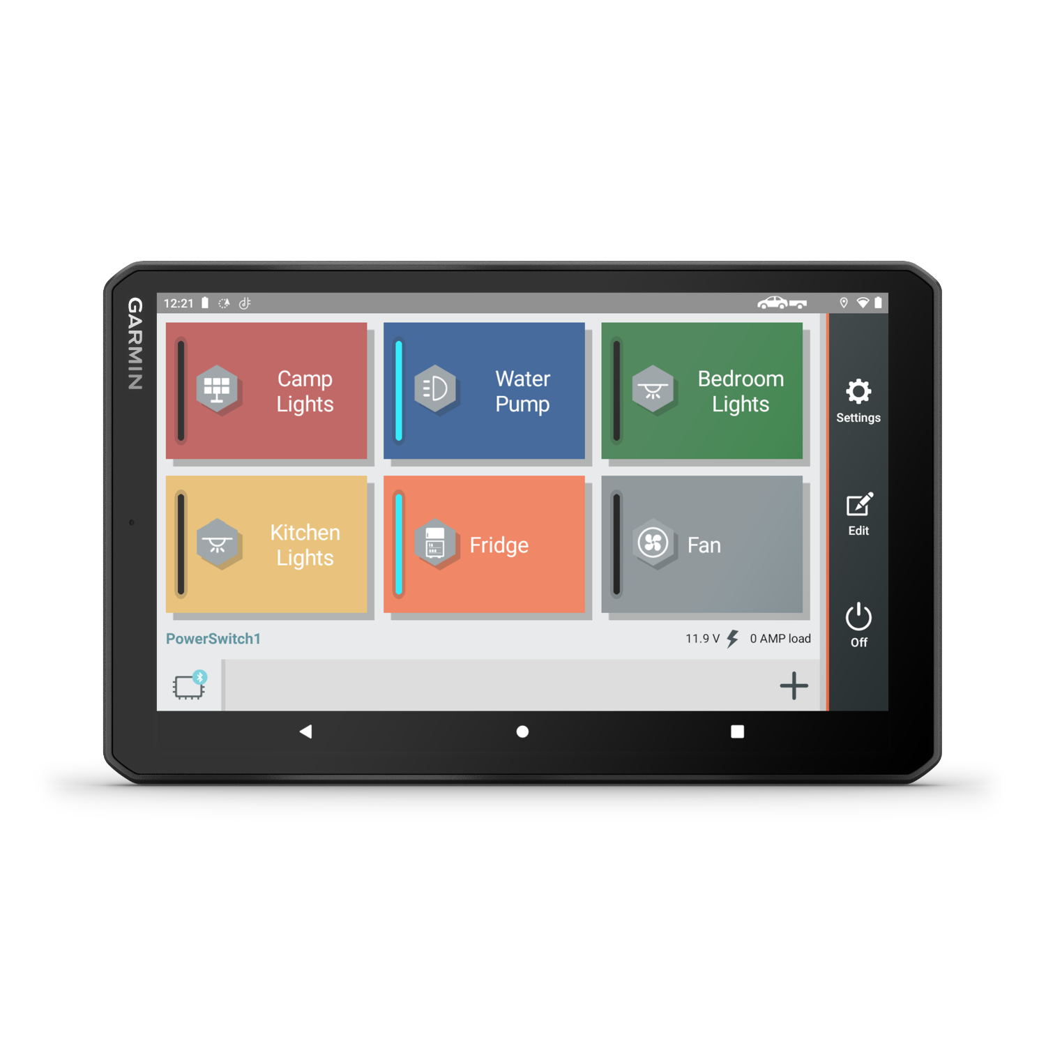 Zwarte Garmin-tablet toont pictogrammen voor kamplampen, waterpomp, koelkast en ventilator.