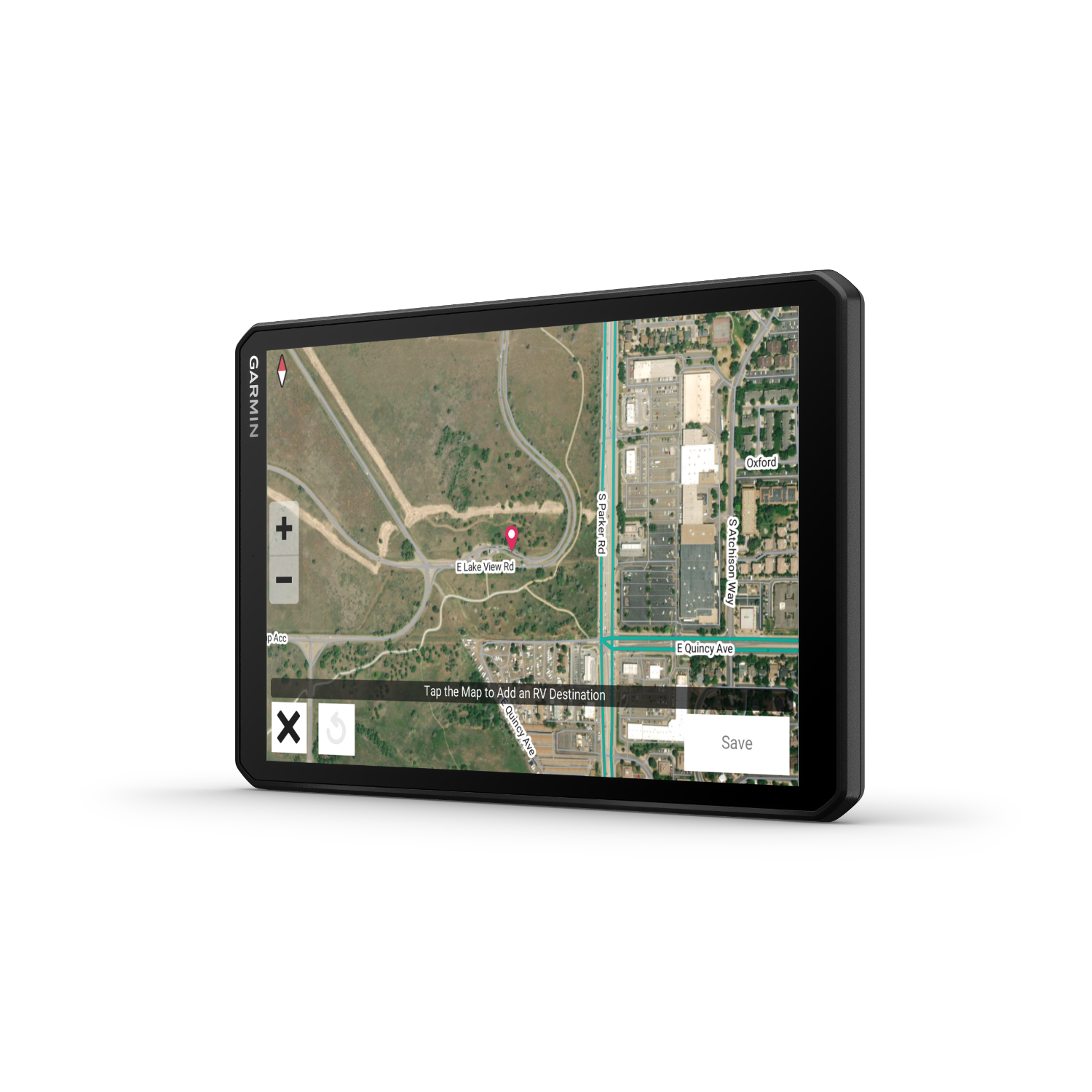 GPS-navigatietoestel, met een kaart met een route, op een zwarte rand op een witte achtergrond.