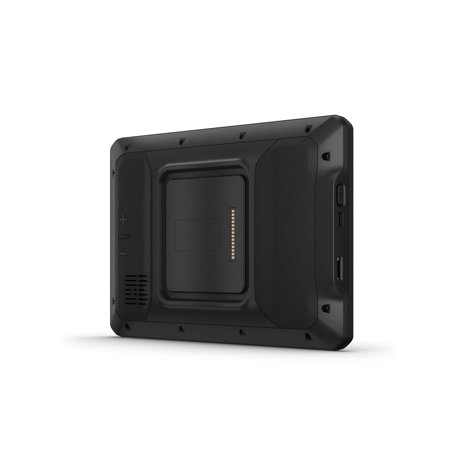 Achterkant van een zwarte robuuste tablet met oplaadpoort.