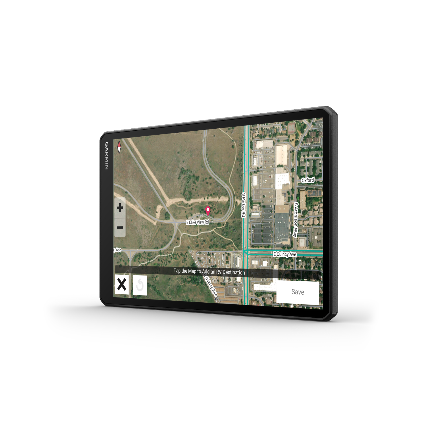 A Garmin GPS device displaying a map with a route and several options.