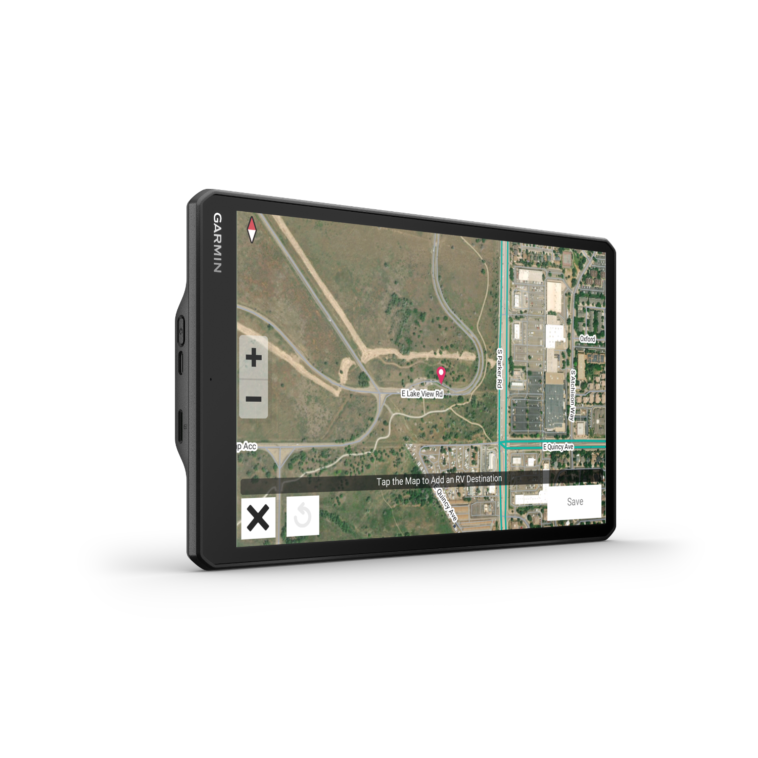 A Garmin GPS device showing a map on a black background.