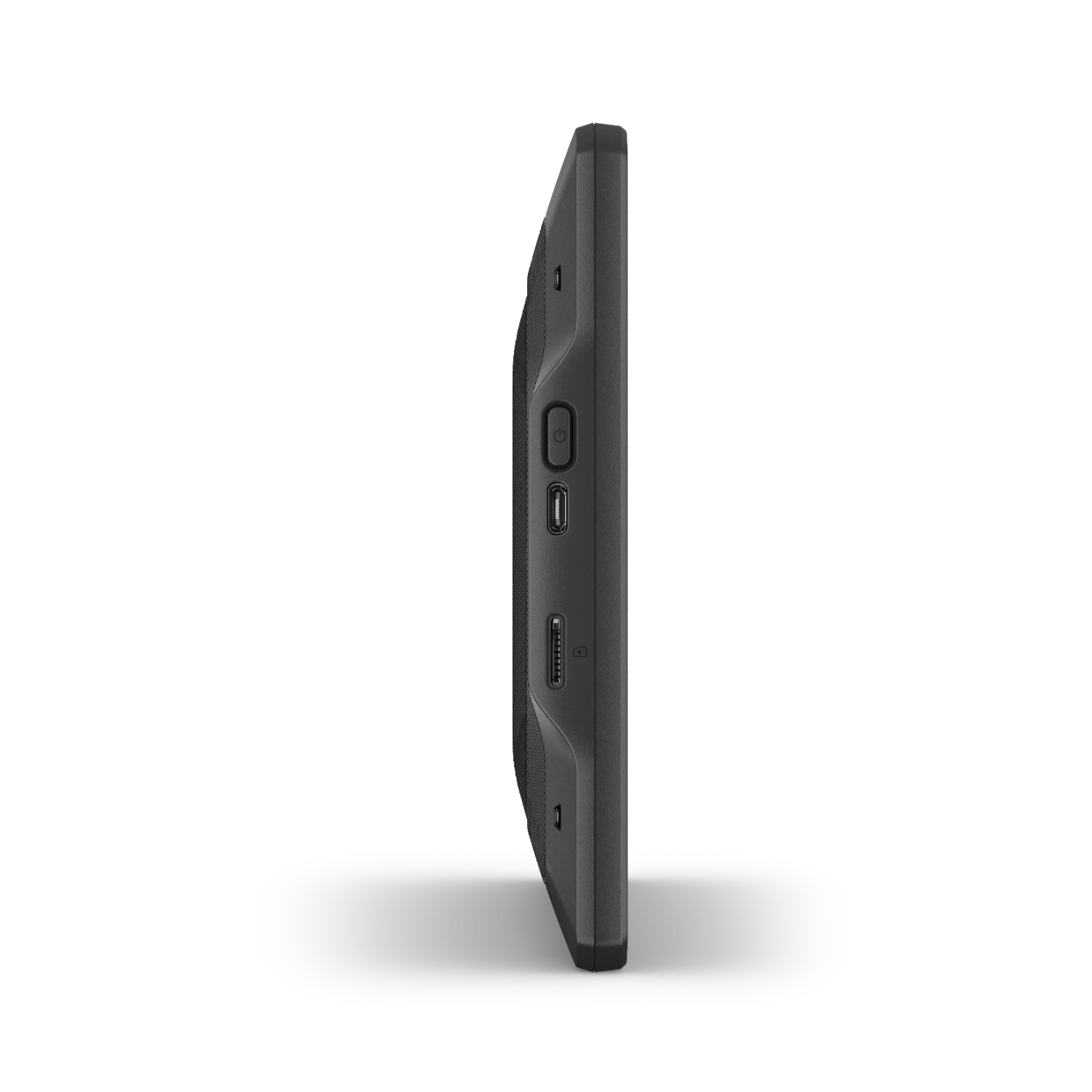 Side view of a black tablet with buttons and ports along the side, on black background.