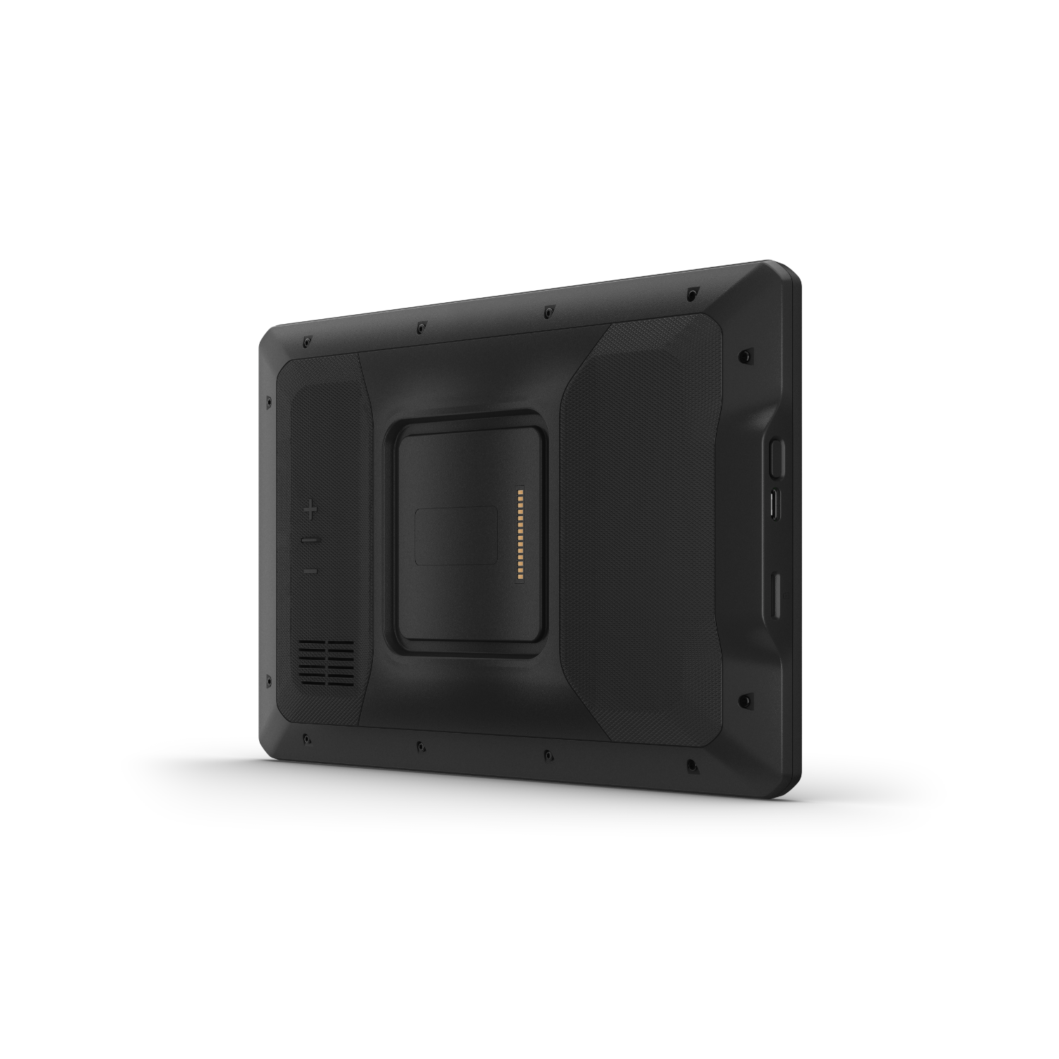 Back view of a black tablet with ports and a charging area.