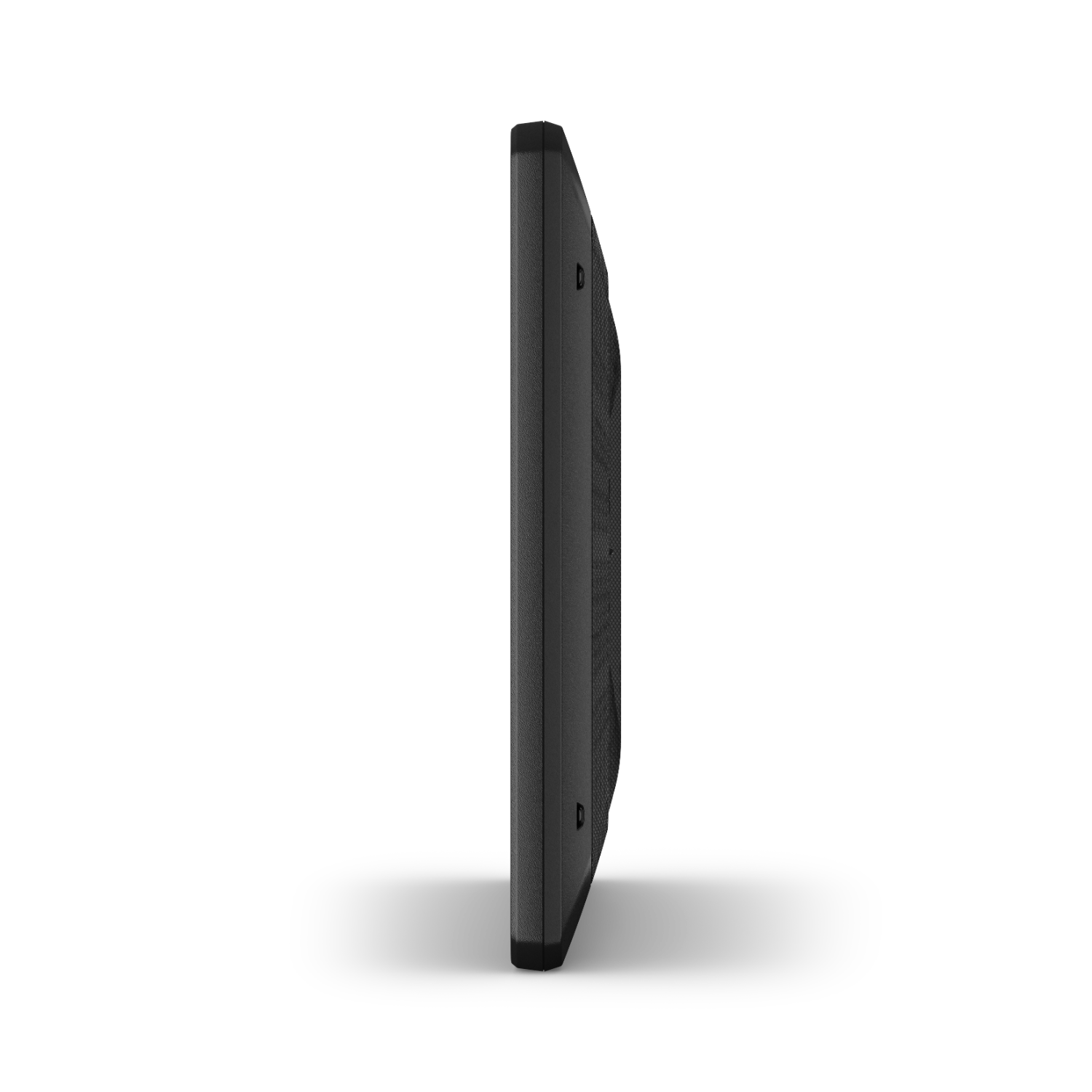 Black device, side view. Rectangular shape, textured surface, with a row of holes on the right side.