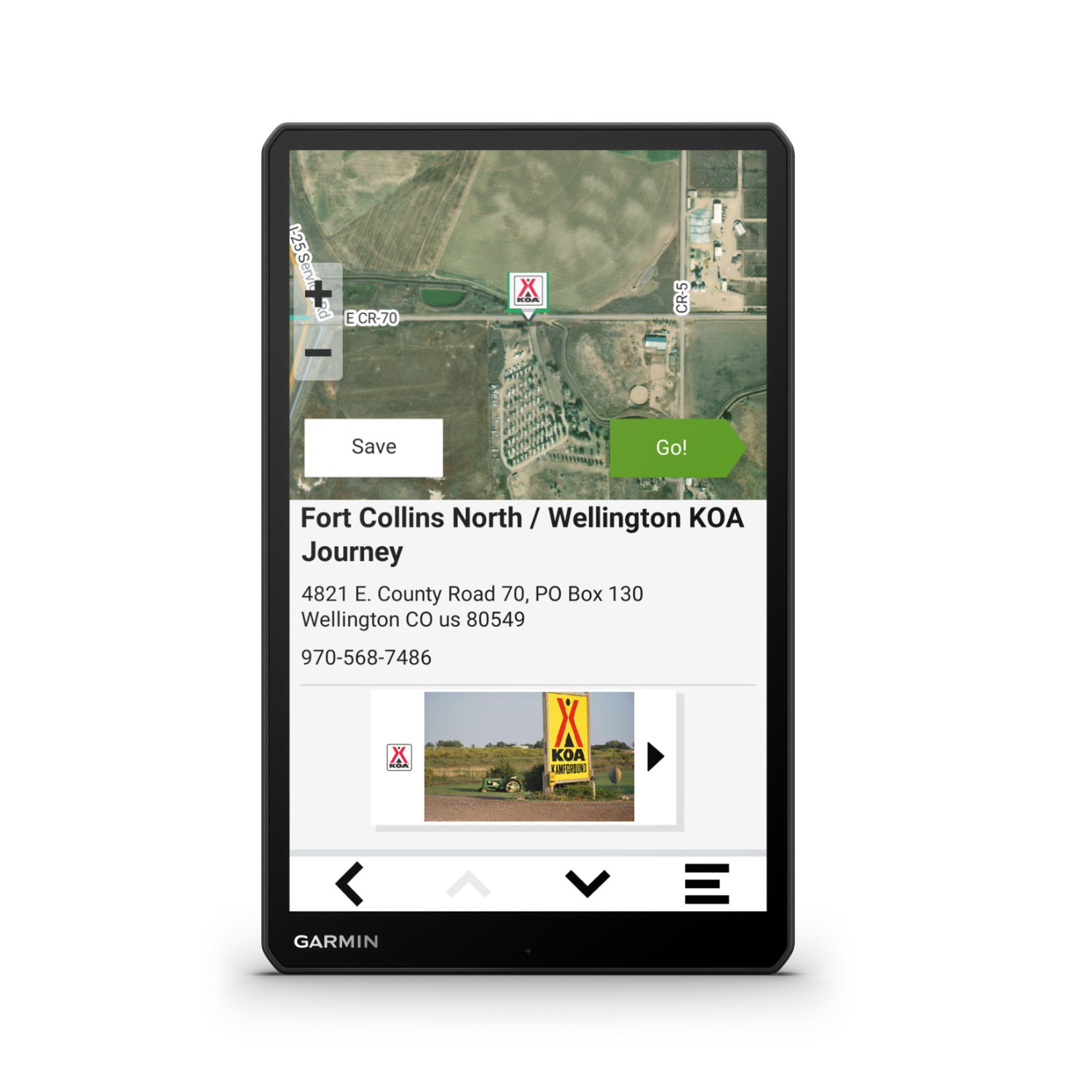 A Garmin device displaying a map of a campground, showing navigation details.