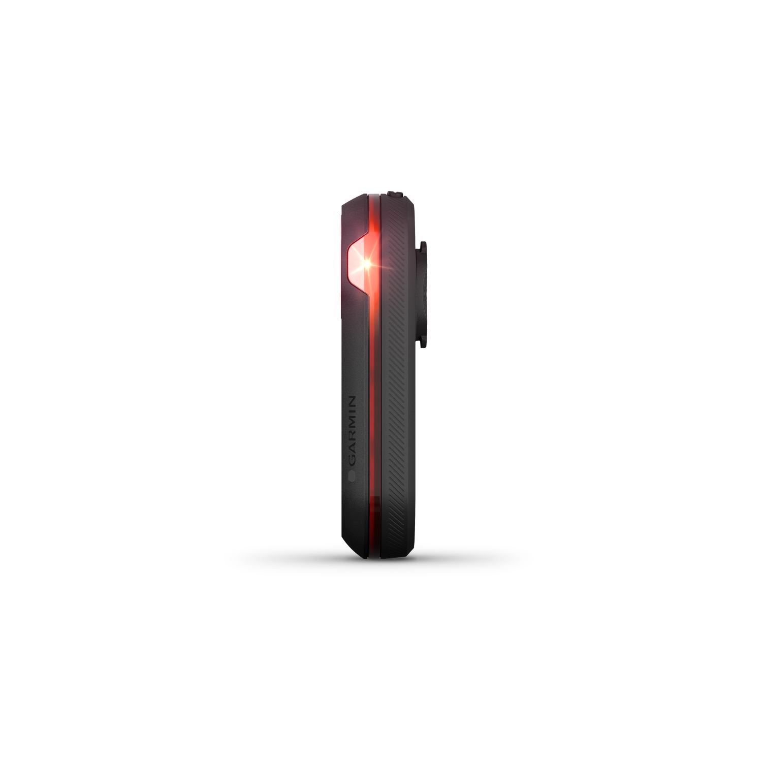 Zwart Garmin-apparaat met een rood licht. Zijaanzicht, op een zwarte achtergrond. Garmin logo.