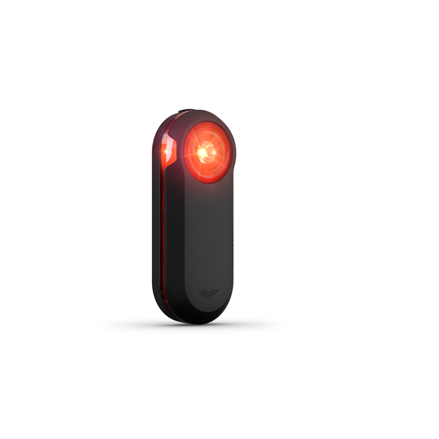 Een zwart, rood geaccentueerd fietslicht met helder rood licht.
