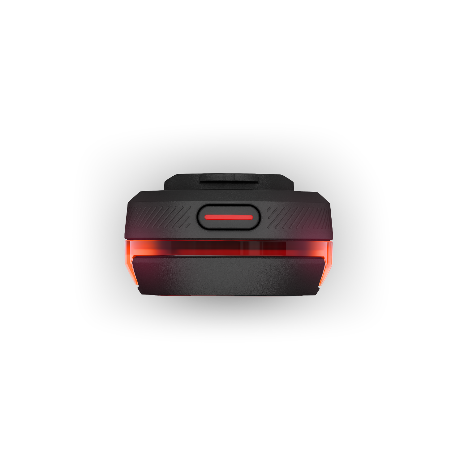 Een klein zwart apparaat met een rood lampje. Het heeft een getextureerde bovenkant, een rode balk en een kleine cirkelknop.