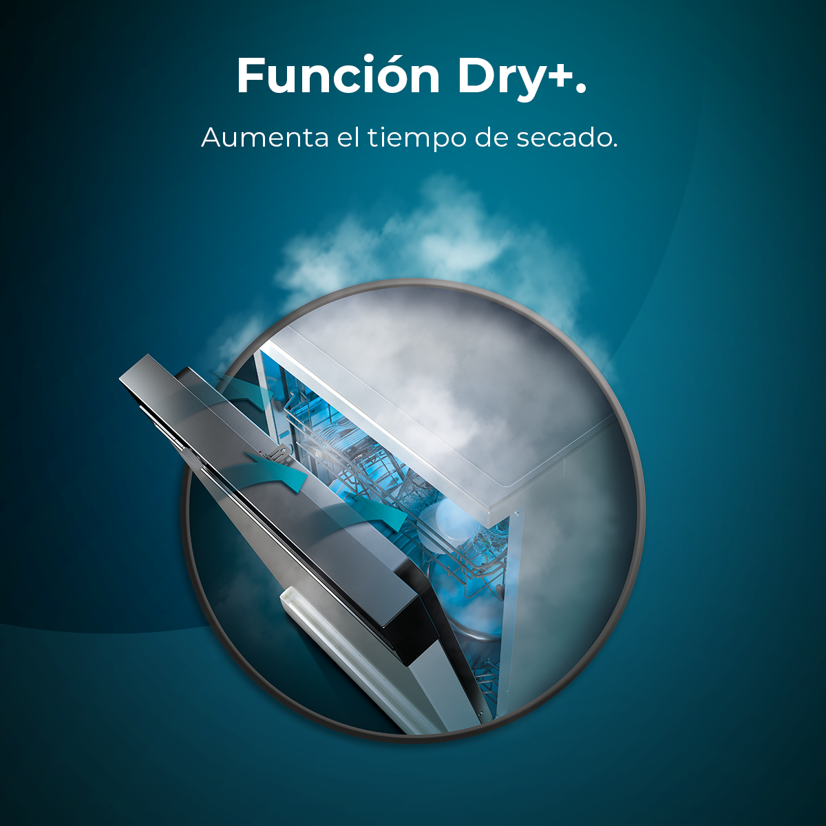 Una imagen azul con un lavavajillas y el texto, "Función Dry+." y "Aumenta el tiempo de secado."