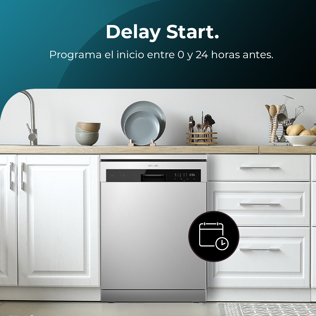 Un lavavajillas plateado con una pila de platos y el texto: 'Delay Start'.