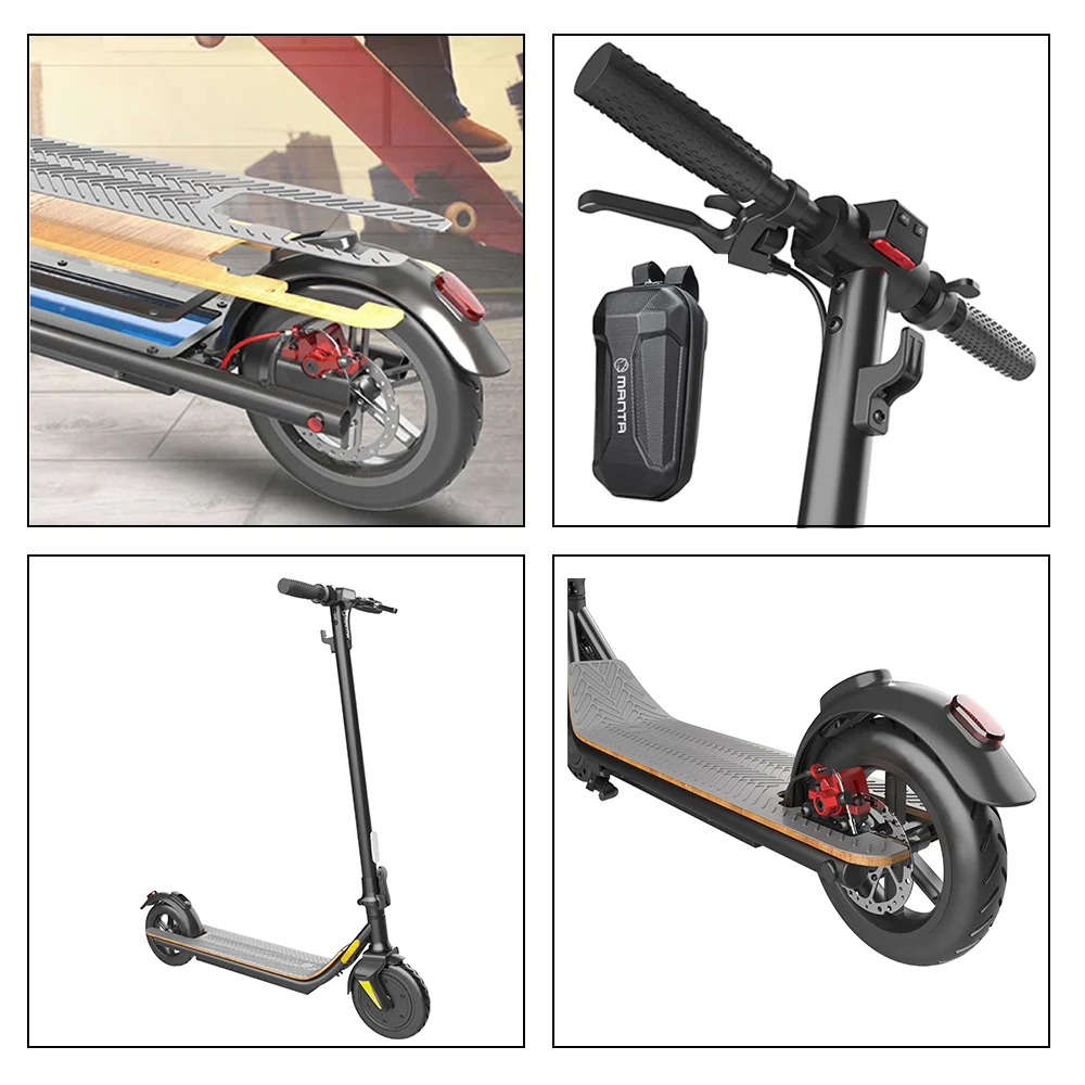 Części skutera elektrycznego. Wiele widoków. Czarny i srebrny z drewnianym podestem.