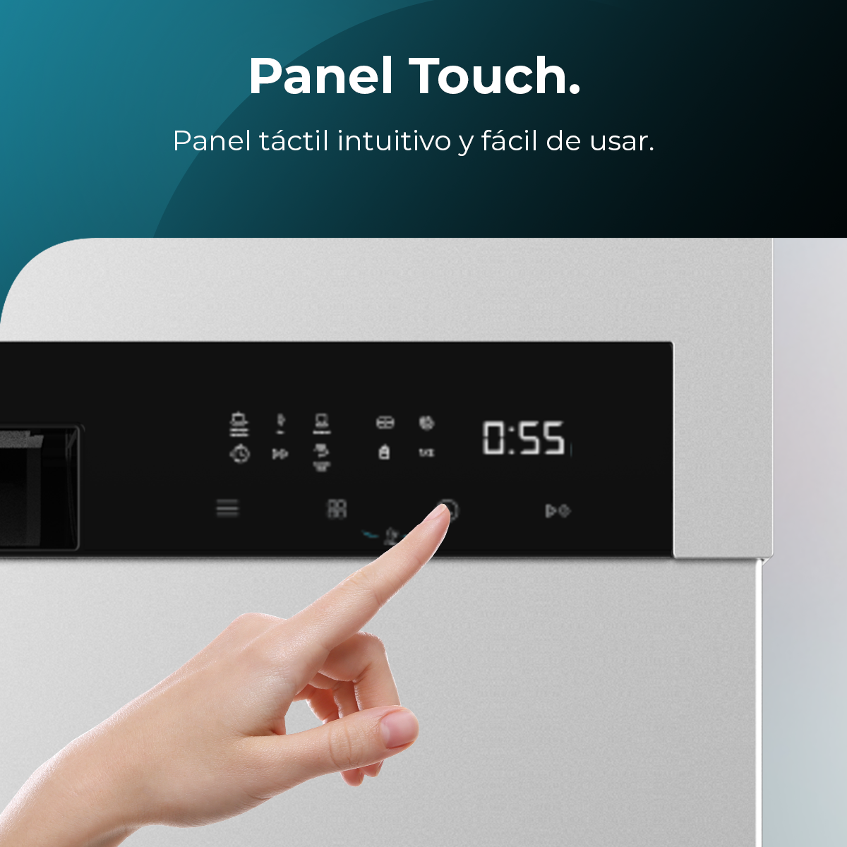 Una mano toca un panel de control de lavavajillas. La pantalla muestra un temporizador. El texto dice 'Panel táctil'.