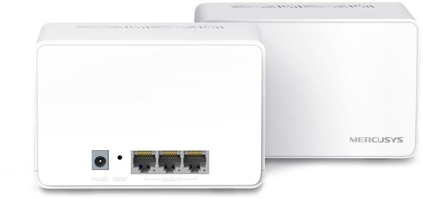 Két fehér Mercusys mesh wifi eszköz, elölnézet és hátulnézet.