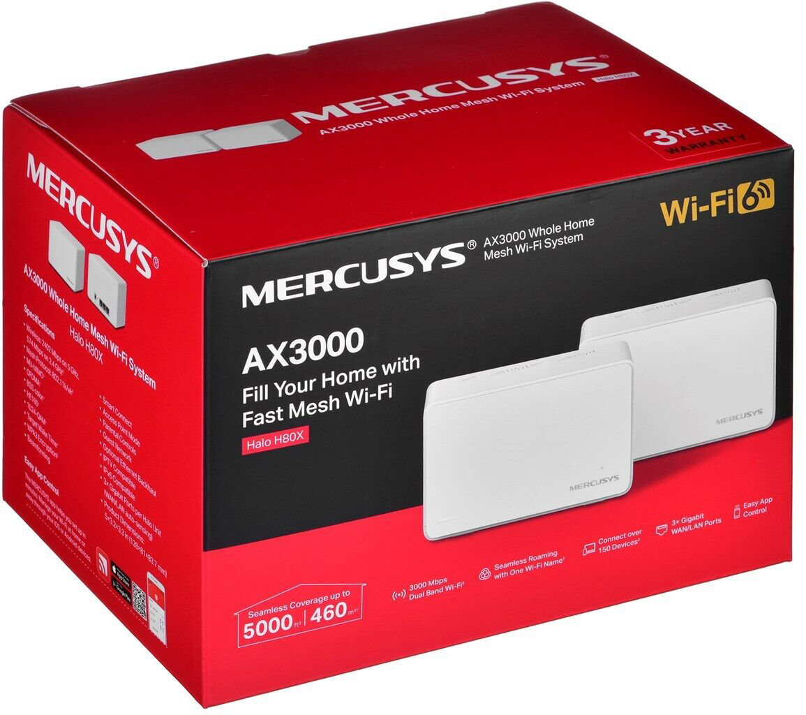 Egy piros-fehér doboz a "MERCUSYS AX3000 Whole Home Mesh Wi-Fi System" felirattal.