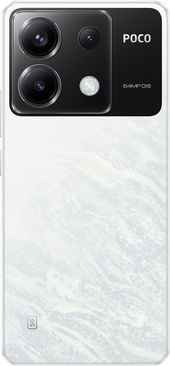 Un teléfono Poco blanco con una parte trasera texturizada, con lentes de cámara.