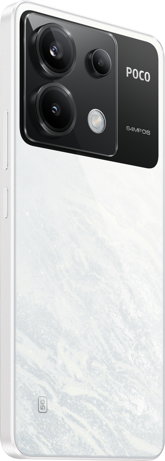Parte trasera de smartphone blanca con cámaras y logo POCO, aislado sobre fondo blanco.