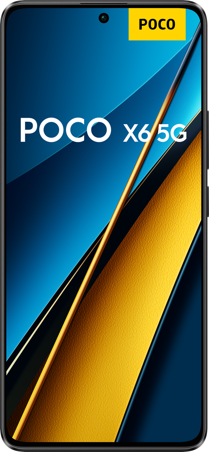 Una pantalla de teléfono inteligente con el texto POCO X6 5G y un fondo abstracto.