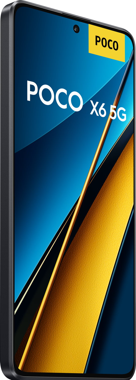 Teléfono POCO X6 5G. Marco negro, fondo degradado azul y dorado, con el nombre.