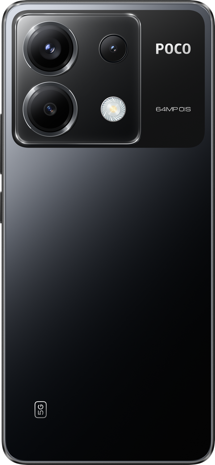 La parte trasera de un smartphone Poco X6 negro con cámaras.