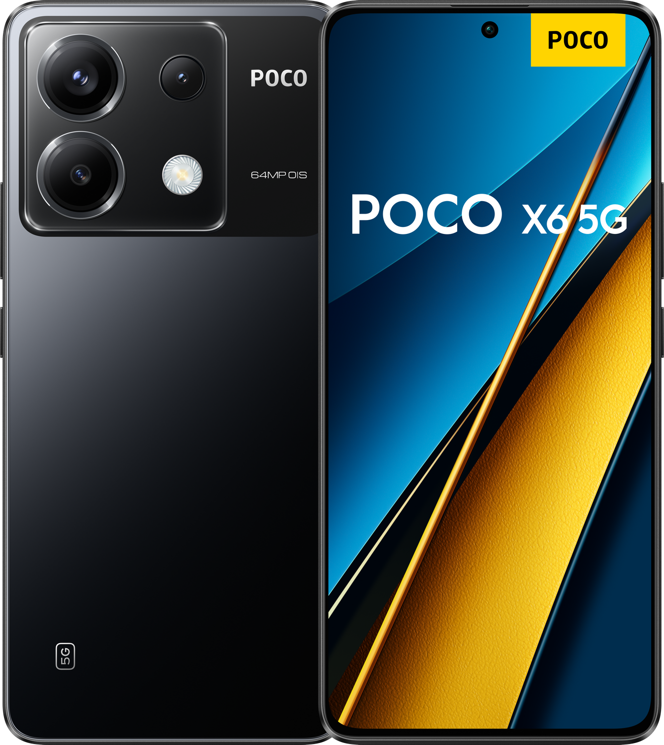 Smartphone Poco X6 5G negro con triple cámara y pantalla azul/amarilla.
