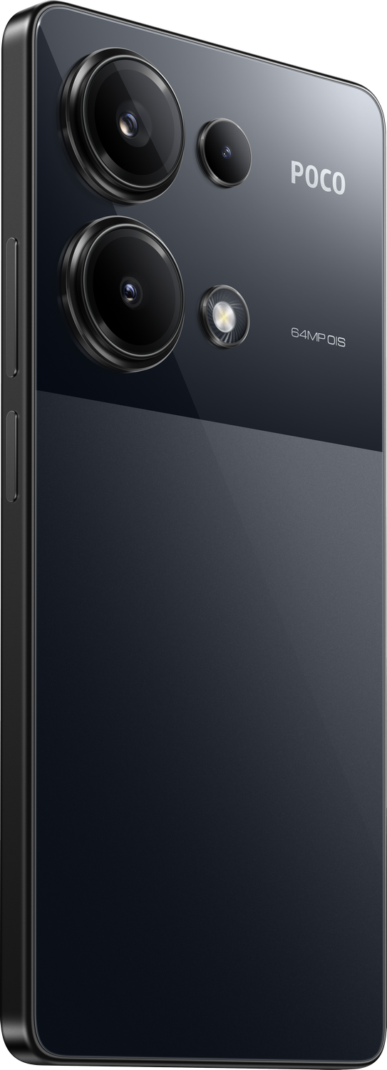 Smartphone, vista en ángulo, cuerpo negro, cámaras traseras visibles, etiqueta 64MP.