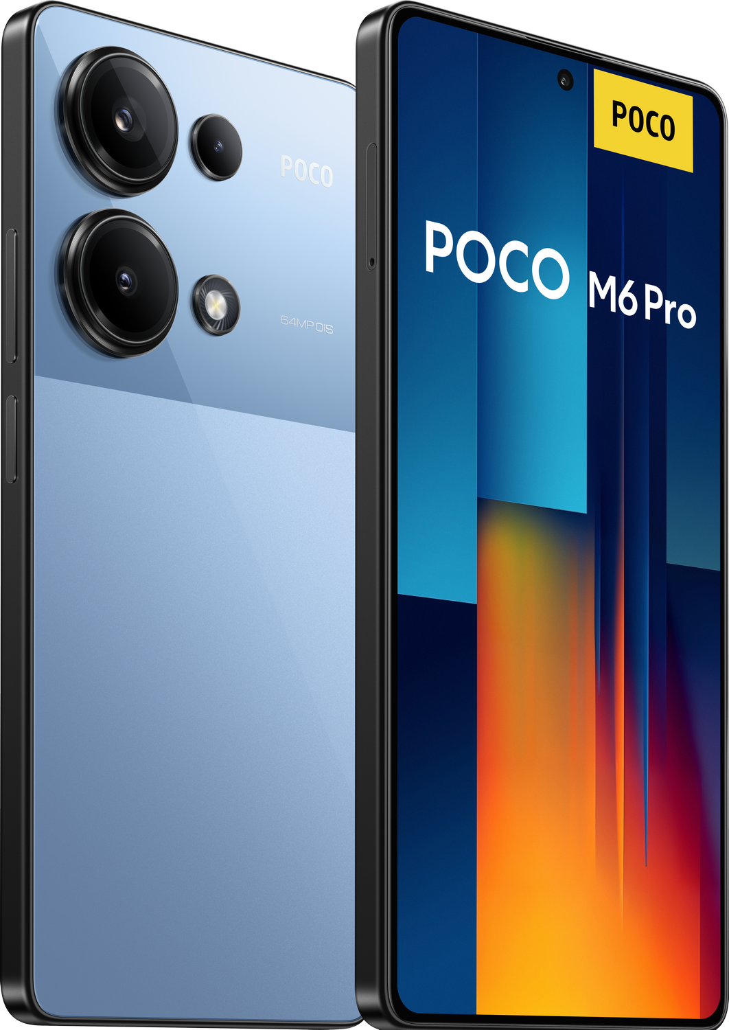 Un smartphone POCO M6 Pro azul, frontal y trasero.