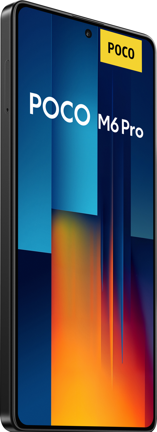 Teléfono Poco negro con una etiqueta POCO POCO M6 Pro en la pantalla.