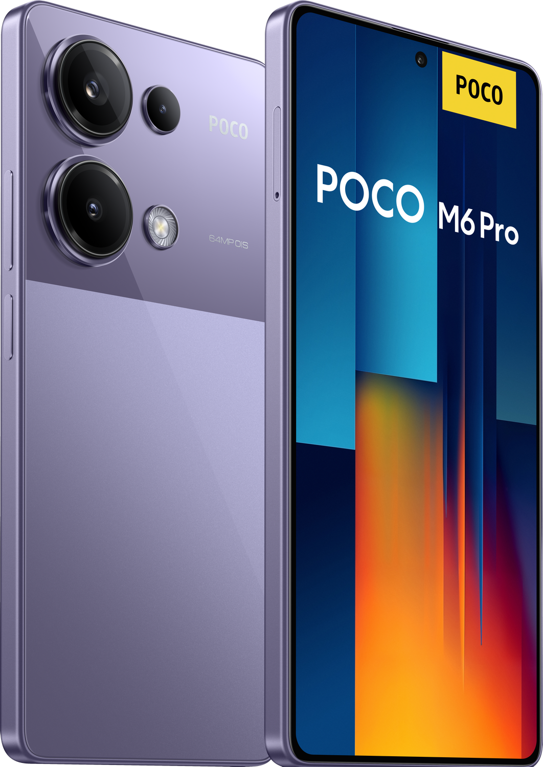 Teléfono púrpura con dos cámaras. Texto y logo POCO M6 Pro visibles.