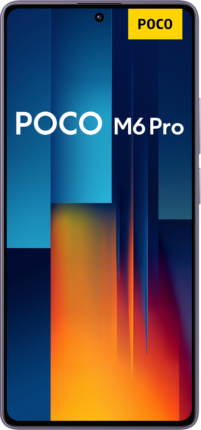 Un smartphone con una etiqueta POCO. La pantalla muestra un diseño abstracto con colores azules y naranjas.