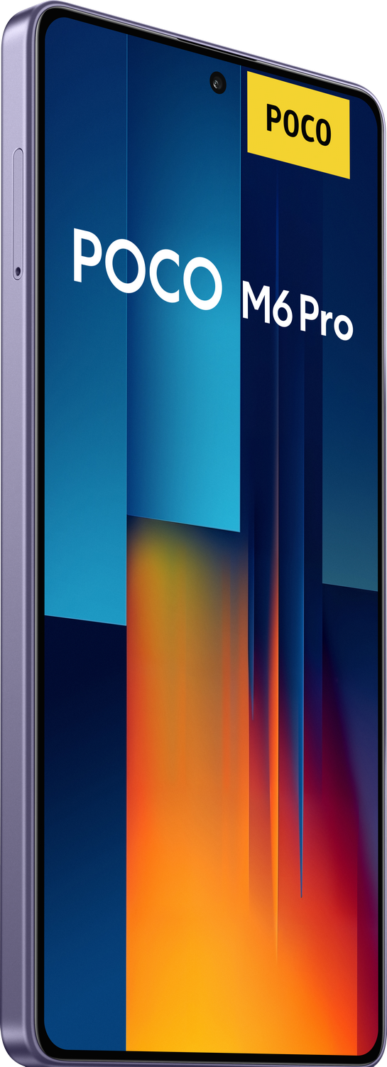 Un smartphone Poco M6 Pro morado con el logotipo de Poco y una pegatina amarilla.
