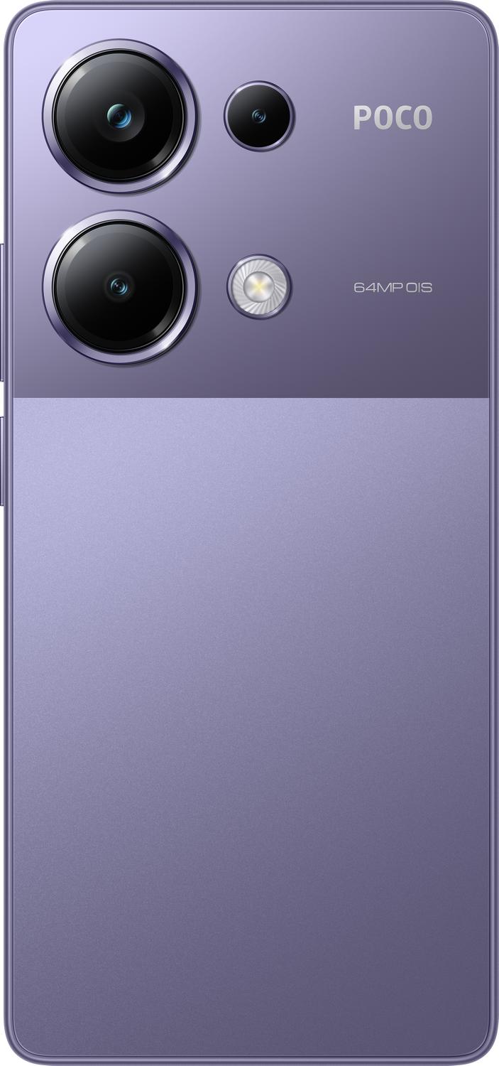 Teléfono Poco morado con tres cámaras traseras, fondo blanco.