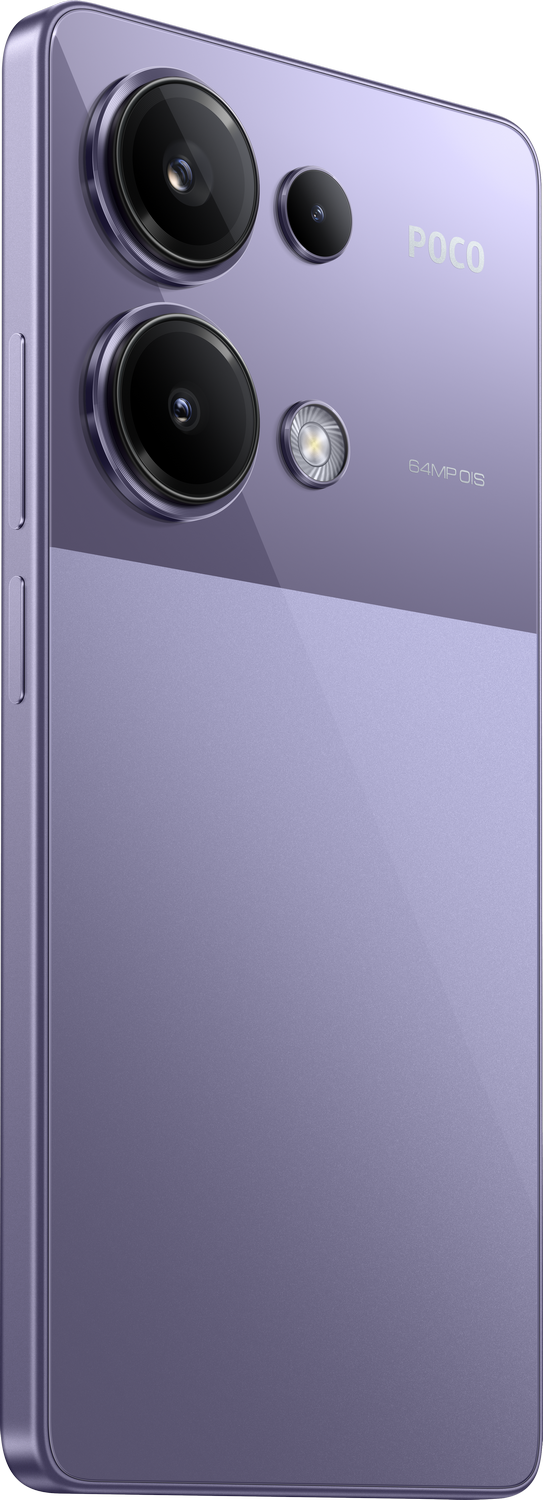 Smartphone morado, tres cámaras traseras, logotipo POCO, 64MP.