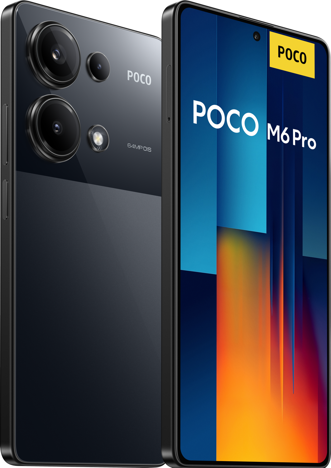 Parte trasera de teléfono POCO gris con cámaras, módulo negro, logo 5G.